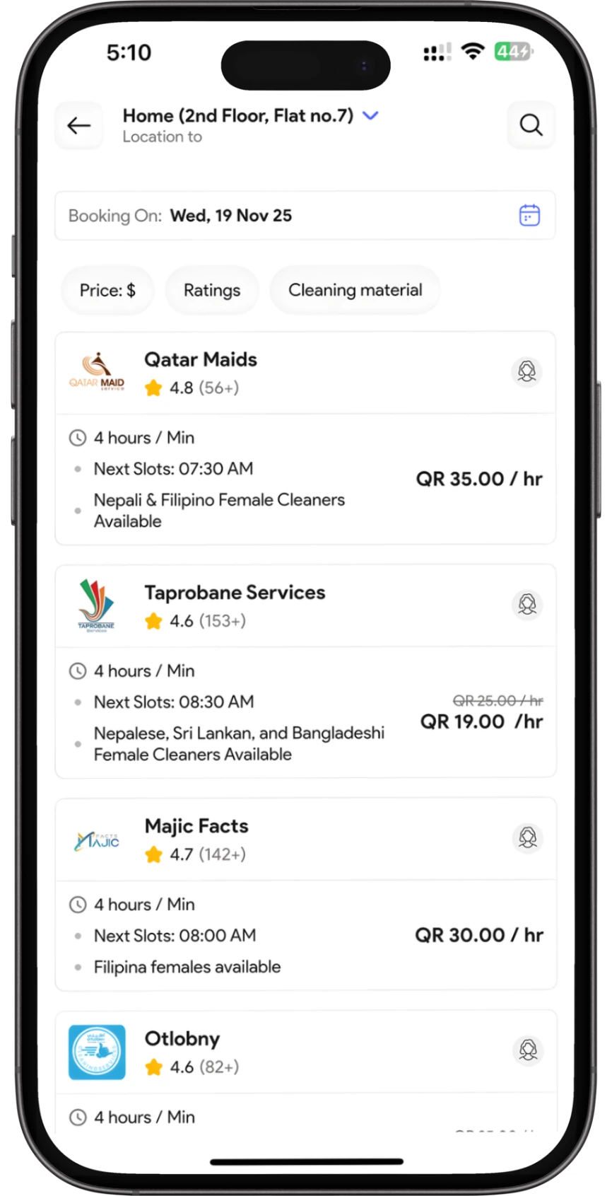 Mobile screen showing service selection